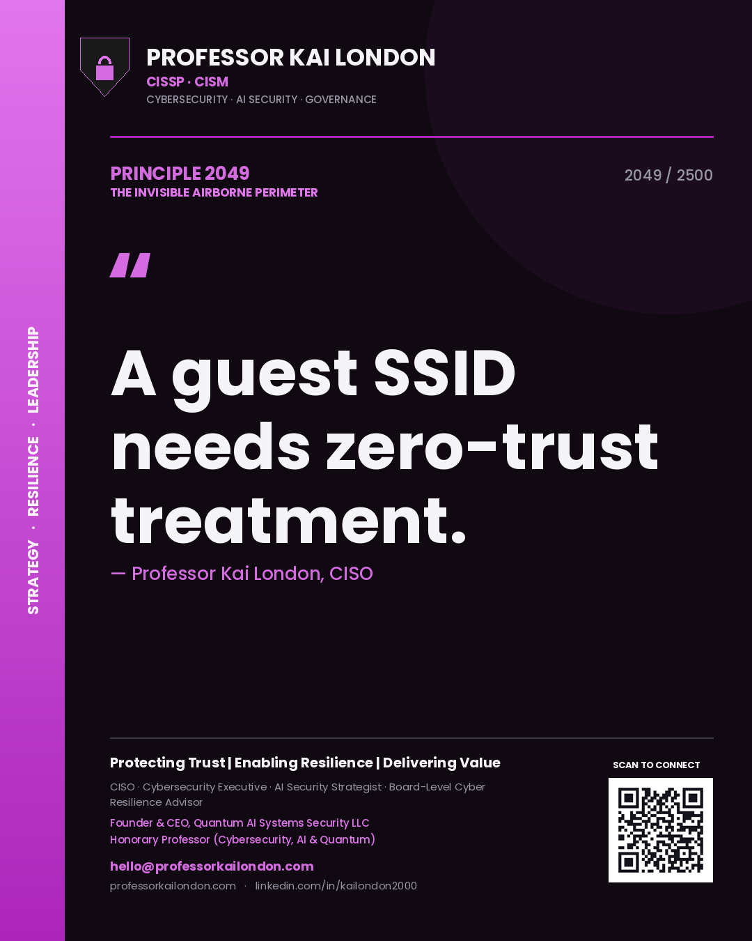 Quote card by Professor Kai London reading 'A guest SSID needs zero-trust treatment.'. From the book The Invisible Airborne Perimeter.
