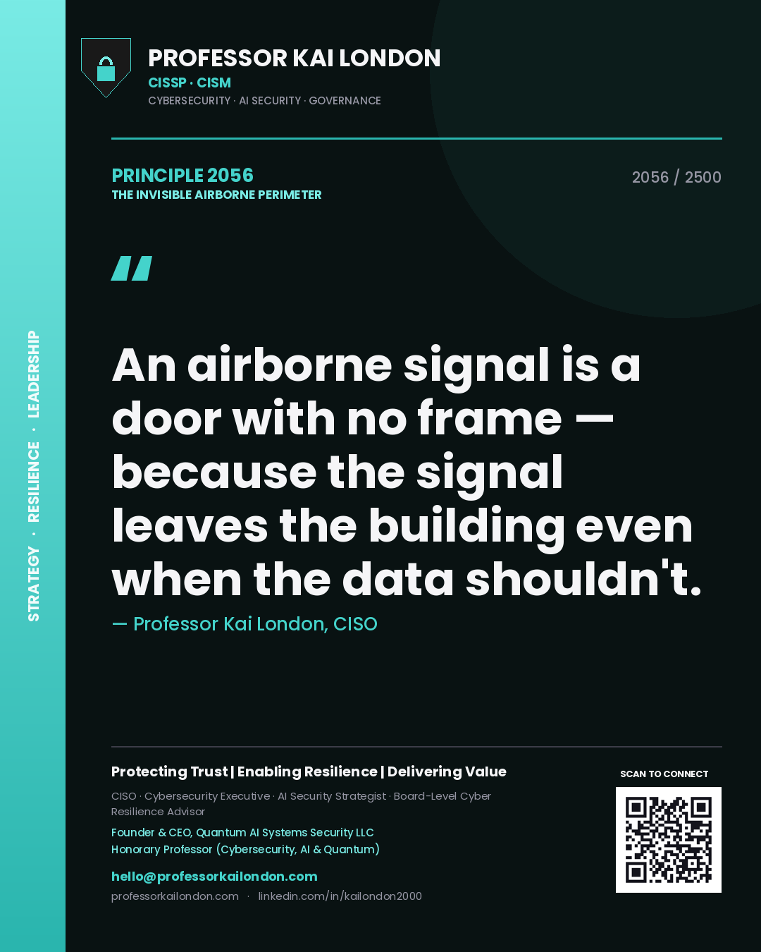 Professor Kai London principle 2056: An airborne signal is a door with no frame — because the signal leaves the building even when the data shouldn't.