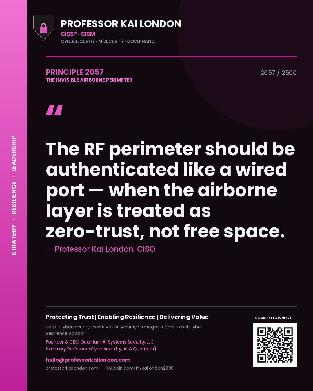 Professor Kai London principle 2057: The RF perimeter should be authenticated like a wired port — when the airborne layer is treated as zero-trust, not free space.