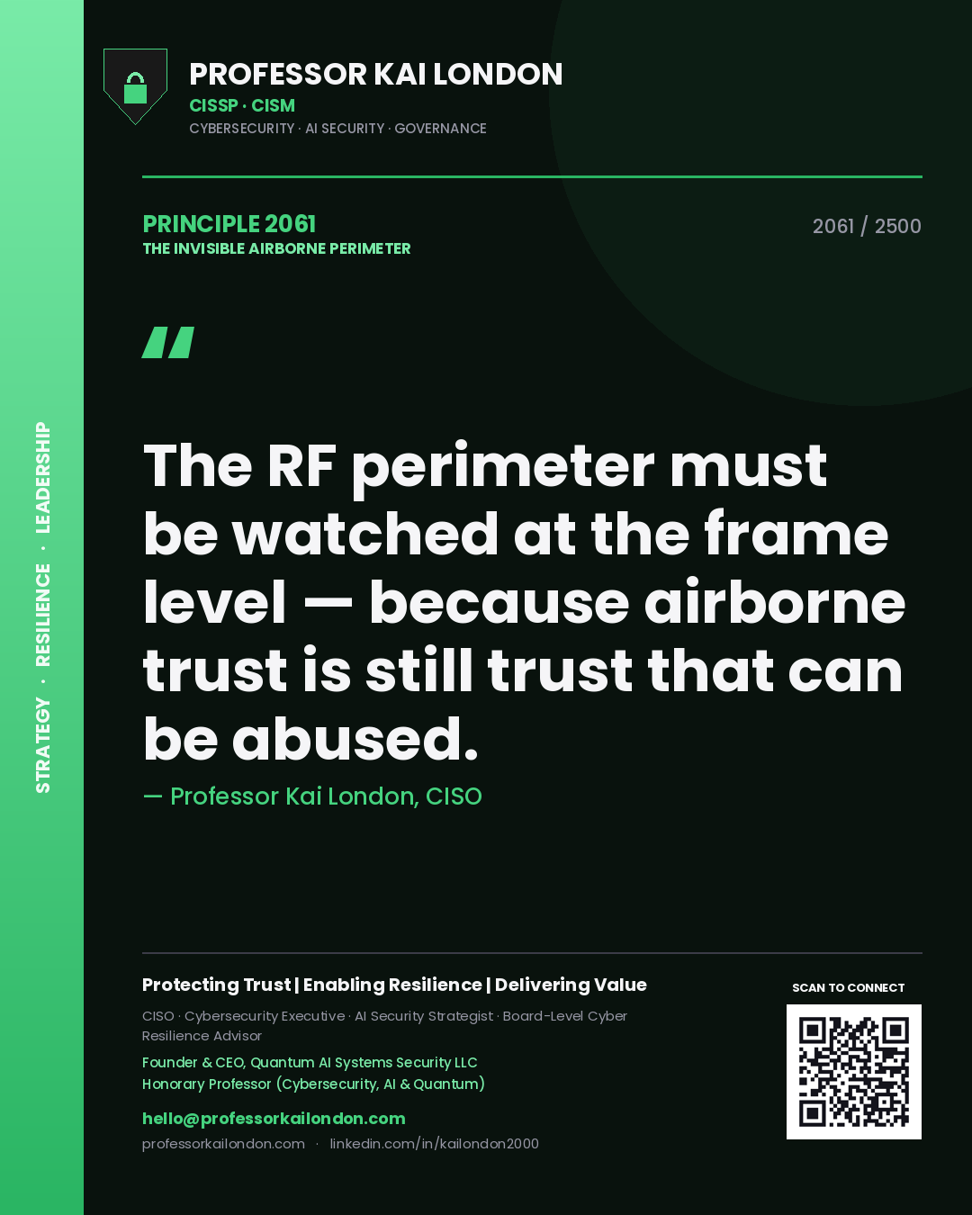 Quote card by Professor Kai London reading 'The RF perimeter must be watched at the frame level — because airborne trust is still trust that can be abused.'. From the book The Invisible Airborne Perimeter.