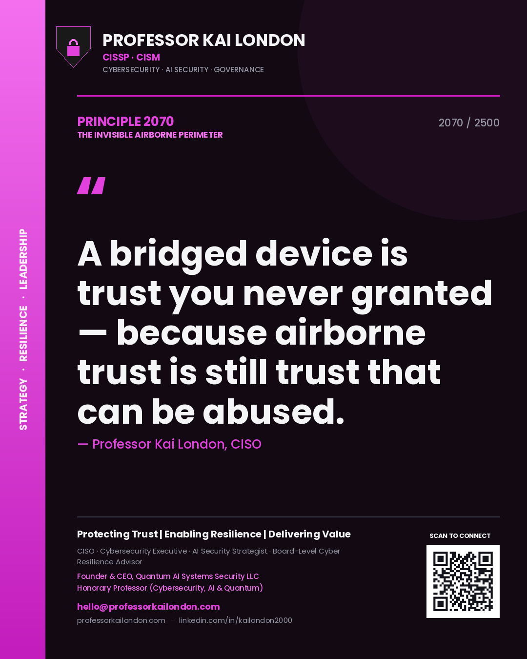 Professor Kai London principle 2070: A bridged device is trust you never granted — because airborne trust is still trust that can be abused.
