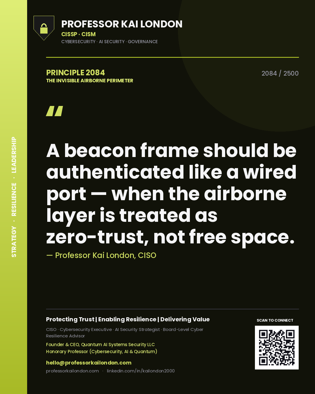 Professor Kai London principle 2084: A beacon frame should be authenticated like a wired port — when the airborne layer is treated as zero-trust, not free space.
