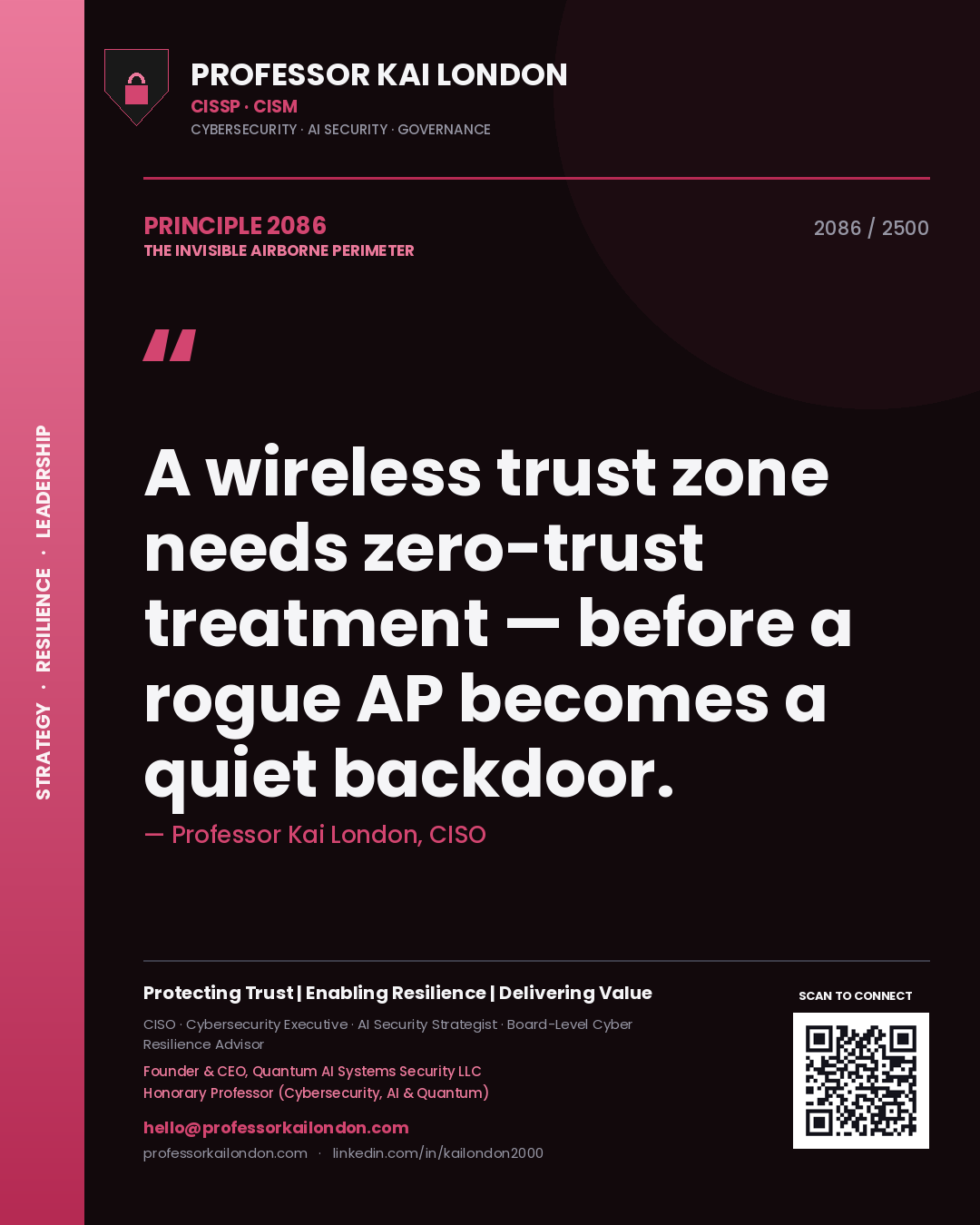 Quote card by Professor Kai London reading 'A wireless trust zone needs zero-trust treatment — before a rogue AP becomes a quiet backdoor.'. From the book The Invisible Airborne Perimeter.
