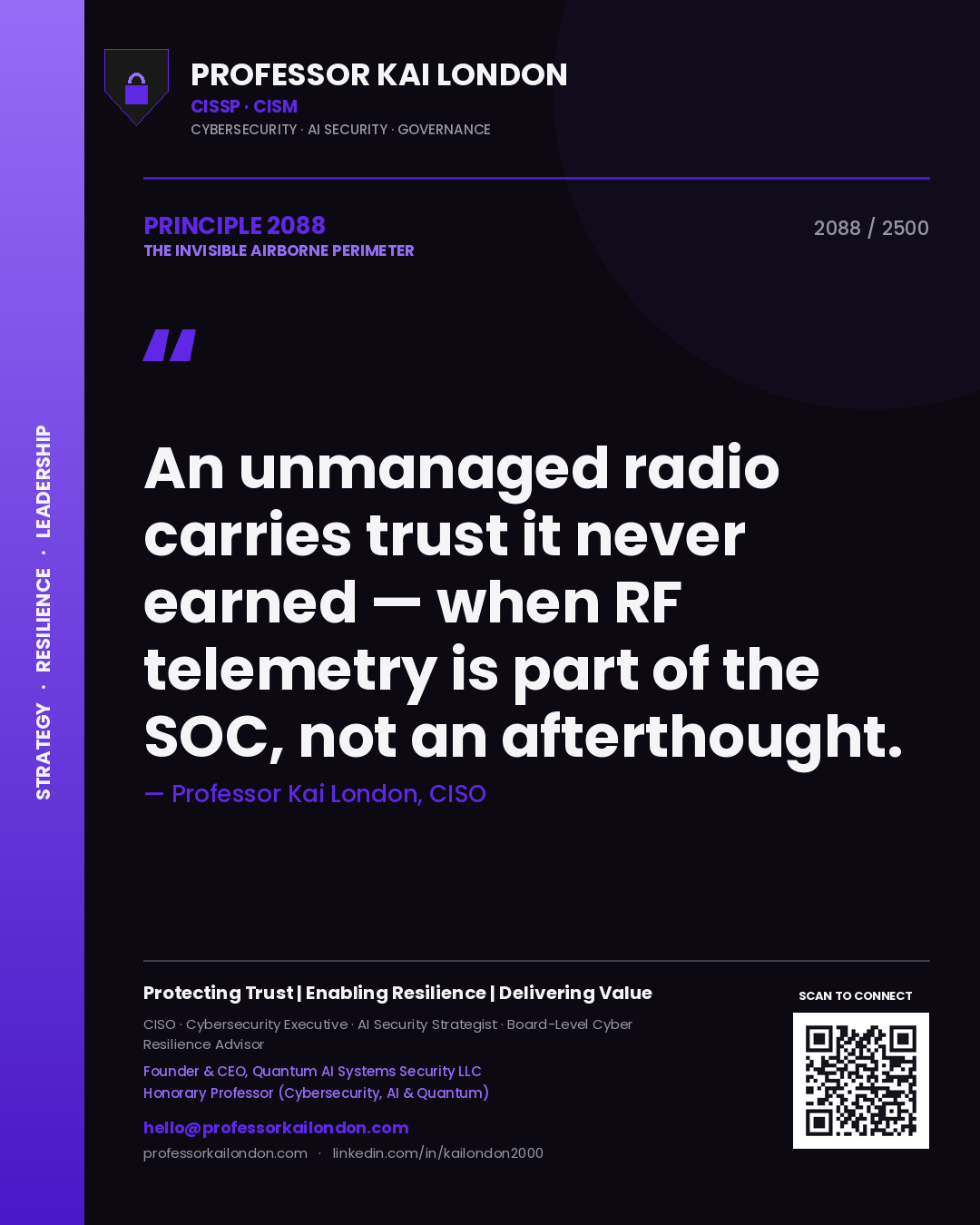 Quote card by Professor Kai London reading 'An unmanaged radio carries trust it never earned — when RF telemetry is part of the SOC, not an afterthought.'. From the book The Invisible Airborne Perimeter.