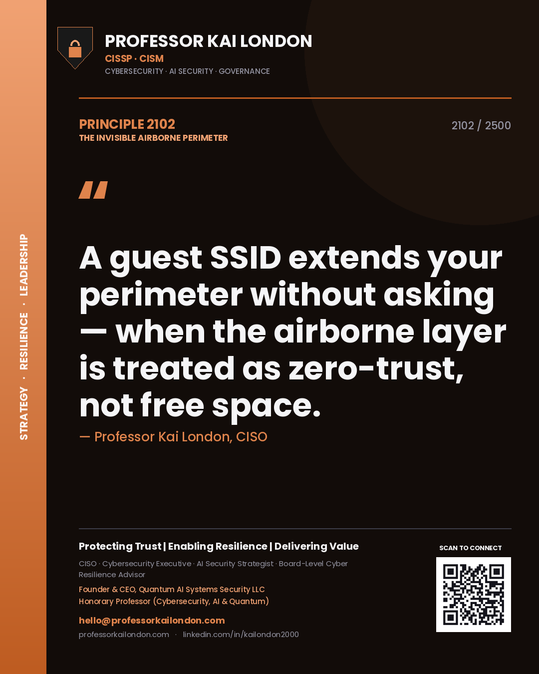 Professor Kai London principle 2102: A guest SSID extends your perimeter without asking — when the airborne layer is treated as zero-trust, not free space.