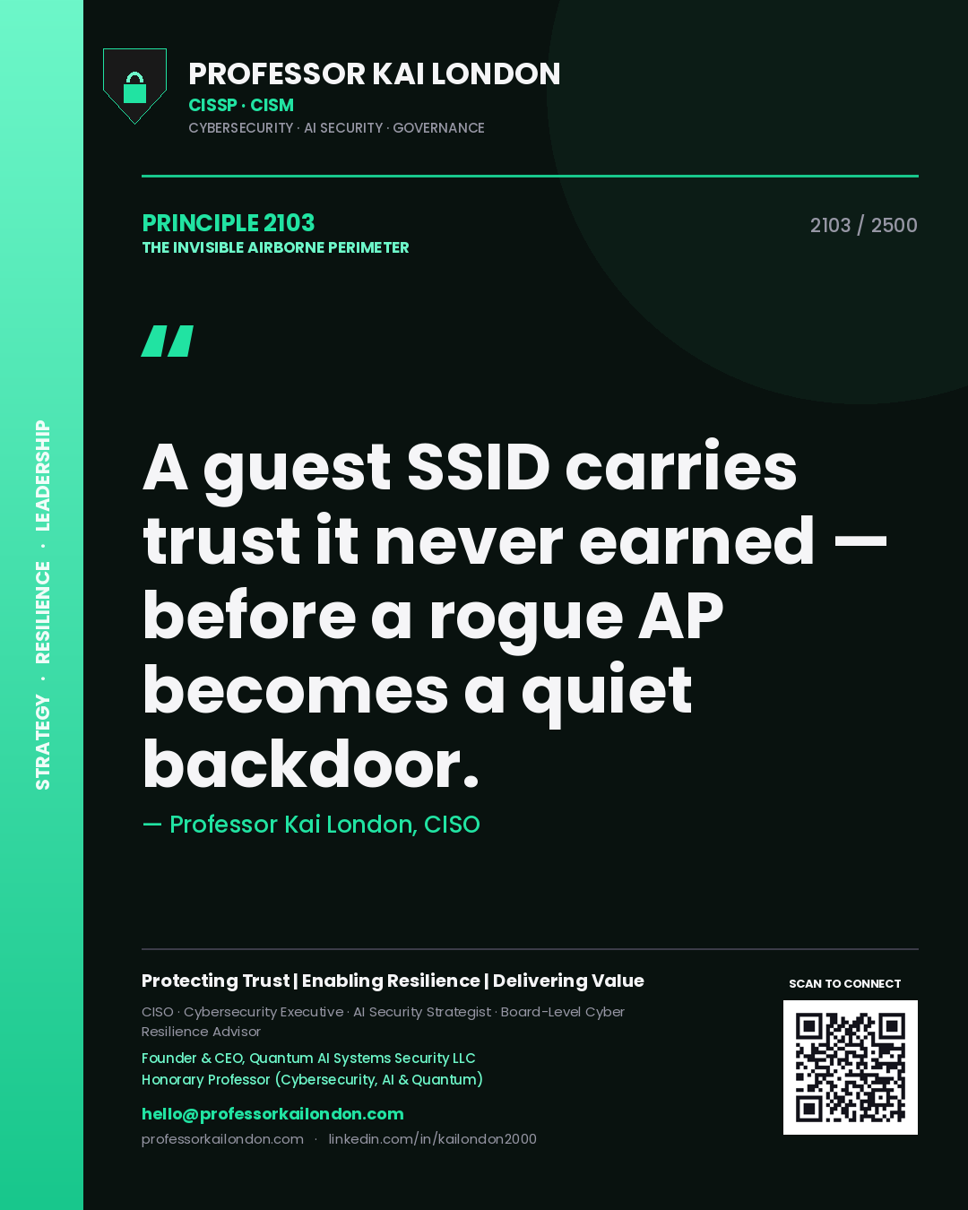 Quote card by Professor Kai London reading 'A guest SSID carries trust it never earned — before a rogue AP becomes a quiet backdoor.'. From the book The Invisible Airborne Perimeter.