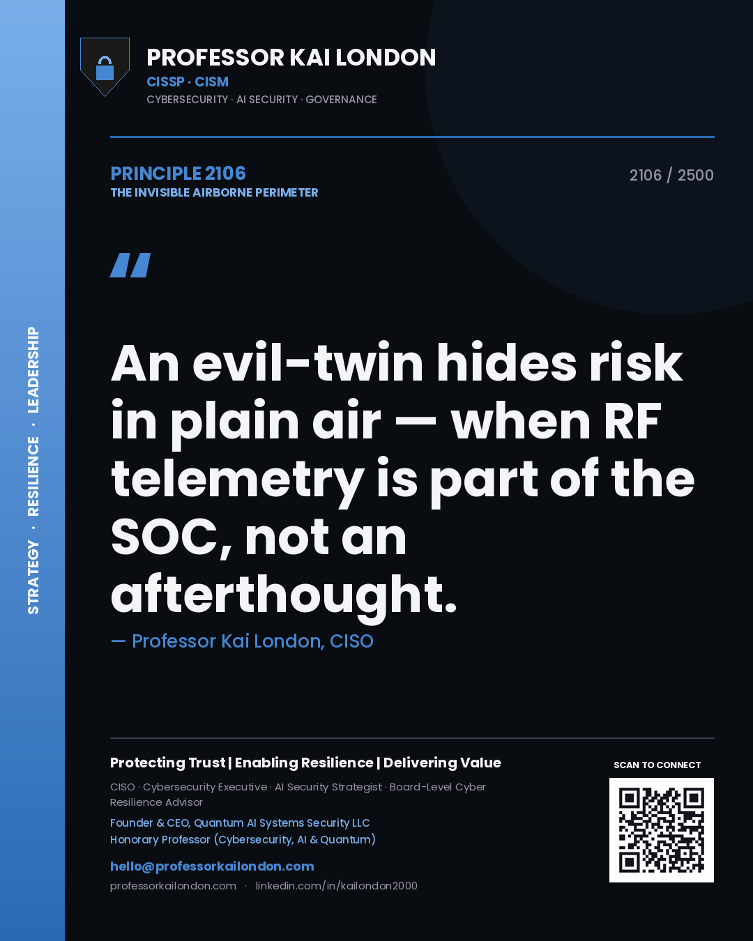 Quote card by Professor Kai London reading 'An evil-twin hides risk in plain air — when RF telemetry is part of the SOC, not an afterthought.'. From the book The Invisible Airborne Perimeter.