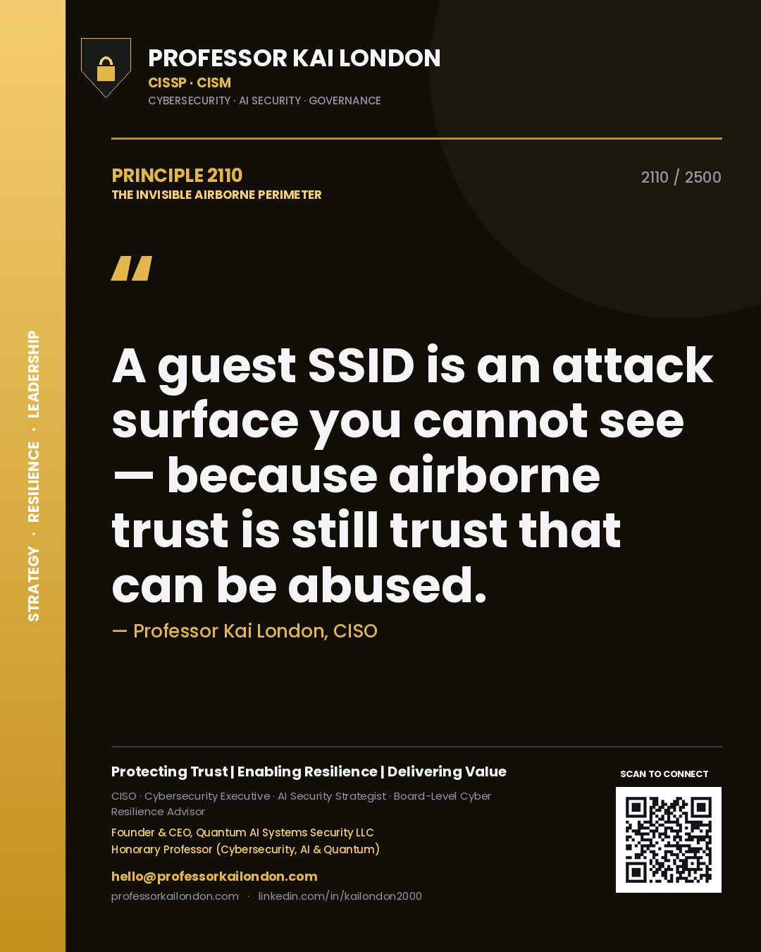 Professor Kai London principle 2110: A guest SSID is an attack surface you cannot see — because airborne trust is still trust that can be abused.