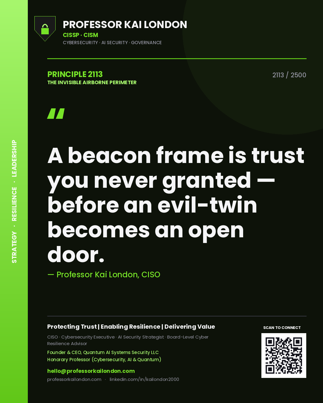 Professor Kai London principle 2113: A beacon frame is trust you never granted — before an evil-twin becomes an open door.