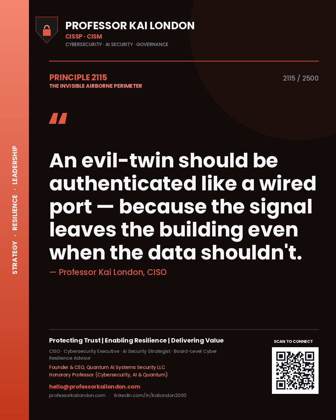Quote card by Professor Kai London reading 'An evil-twin should be authenticated like a wired port — because the signal leaves the building even when the data shouldn't.'. From the book The Invisible Airborne Perimeter.