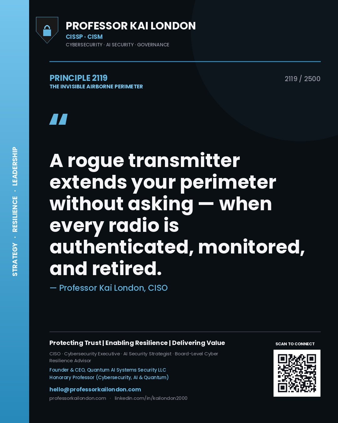Professor Kai London principle 2119: A rogue transmitter extends your perimeter without asking — when every radio is authenticated, monitored, and retired.