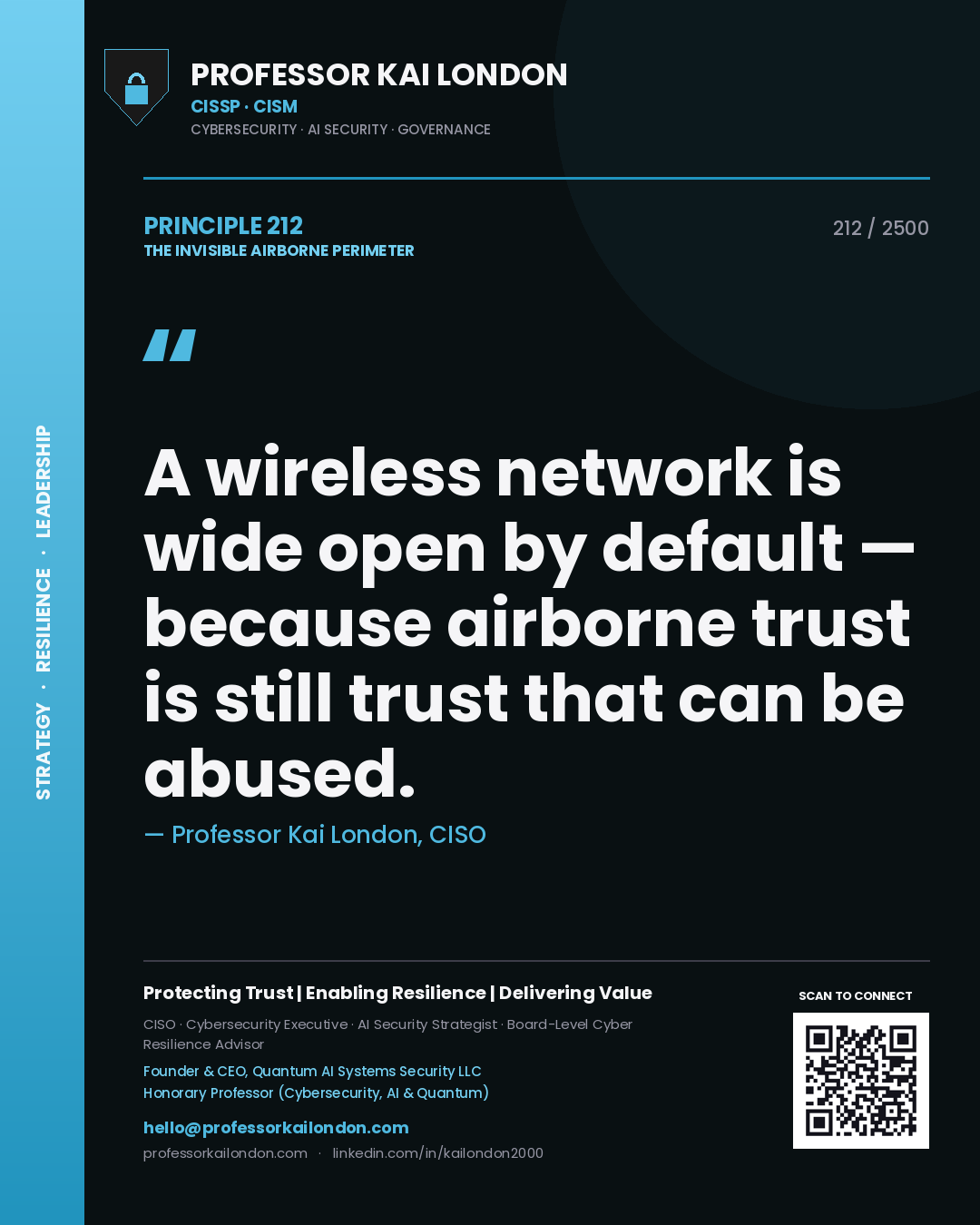 Professor Kai London principle 212: A wireless network is wide open by default — because airborne trust is still trust that can be abused.