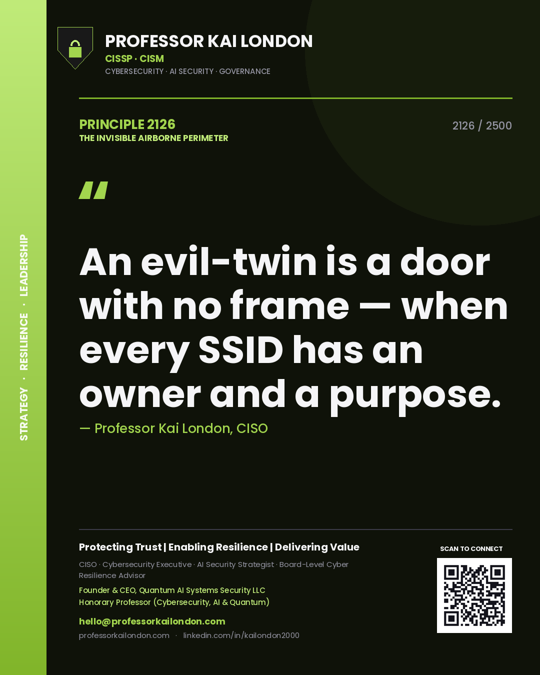 Quote card by Professor Kai London reading 'An evil-twin is a door with no frame — when every SSID has an owner and a purpose.'. From the book The Invisible Airborne Perimeter.