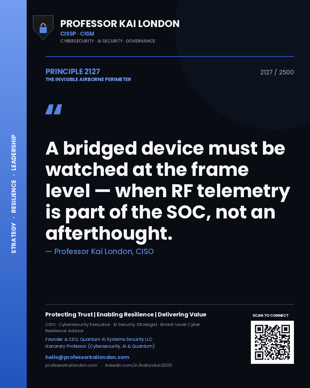 Quote card by Professor Kai London reading 'A bridged device must be watched at the frame level — when RF telemetry is part of the SOC, not an afterthought.'. From the book The Invisible Airborne Perimeter.