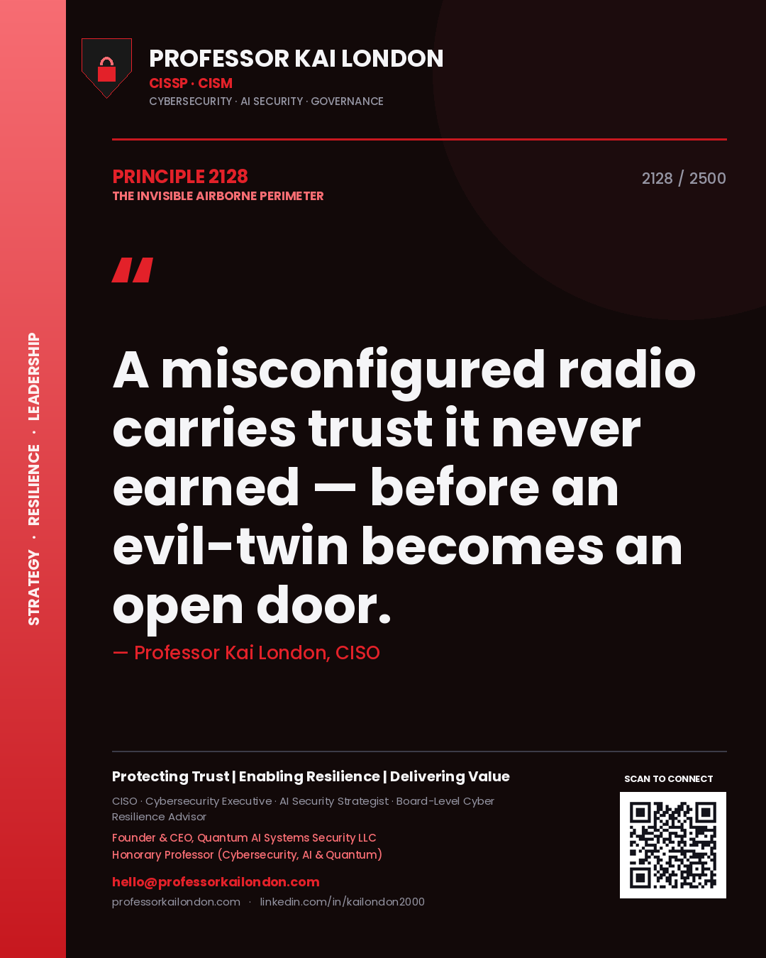 Professor Kai London principle 2128: A misconfigured radio carries trust it never earned — before an evil-twin becomes an open door.