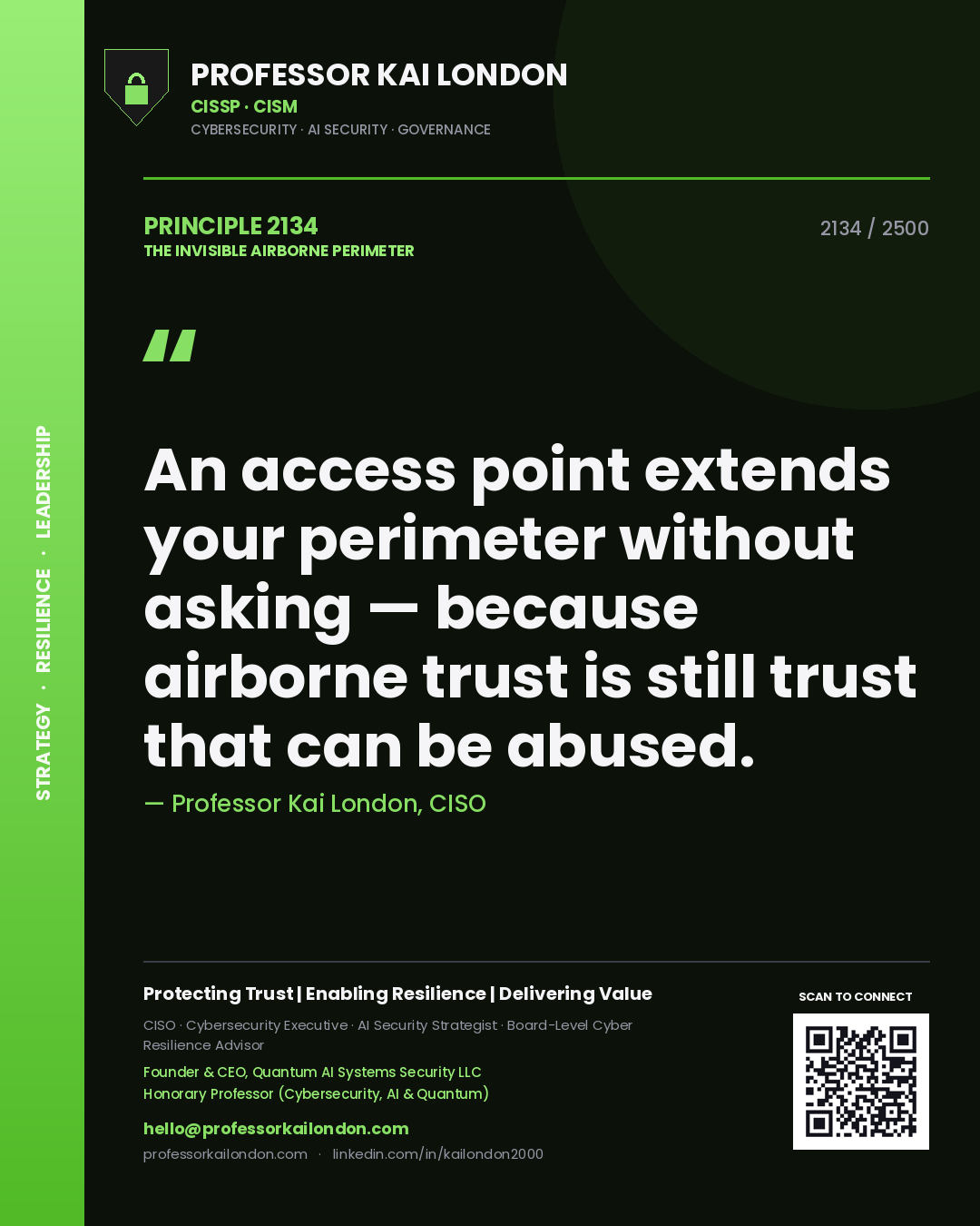 Quote card by Professor Kai London reading 'An access point extends your perimeter without asking — because airborne trust is still trust that can be abused.'. From the book The Invisible Airborne Perimeter.