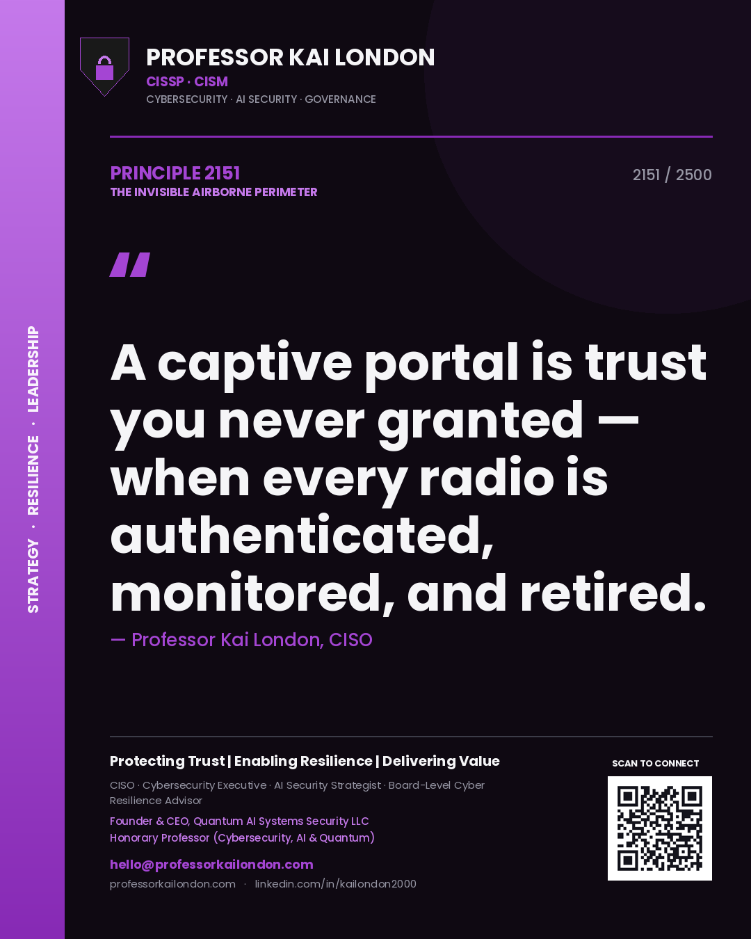 Quote card by Professor Kai London reading 'A captive portal is trust you never granted — when every radio is authenticated, monitored, and retired.'. From the book The Invisible Airborne Perimeter.