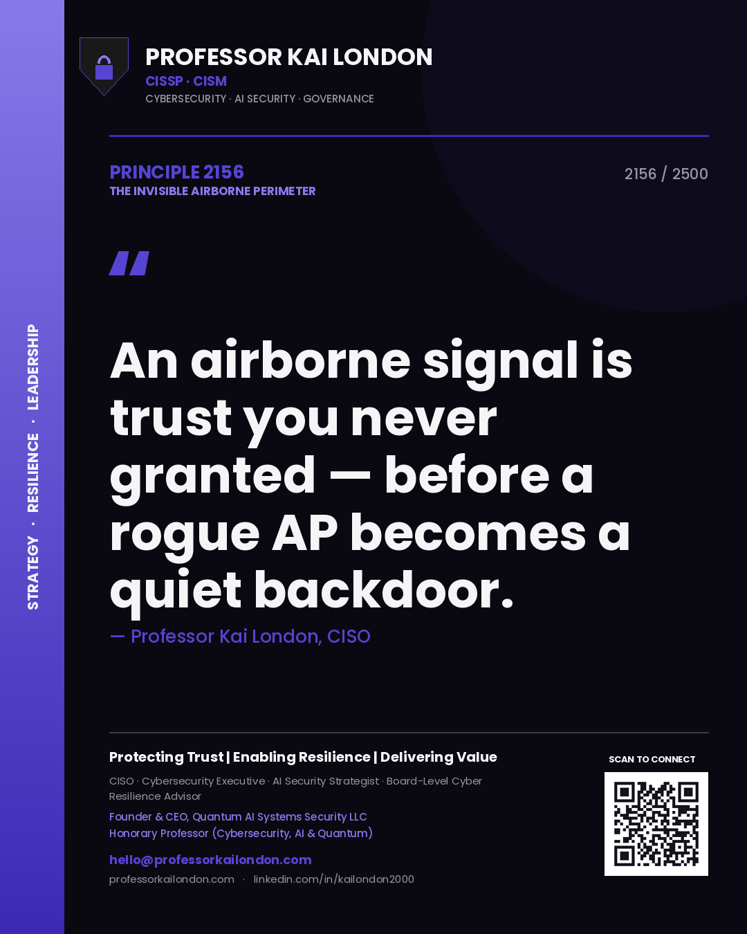Professor Kai London principle 2156: An airborne signal is trust you never granted — before a rogue AP becomes a quiet backdoor.