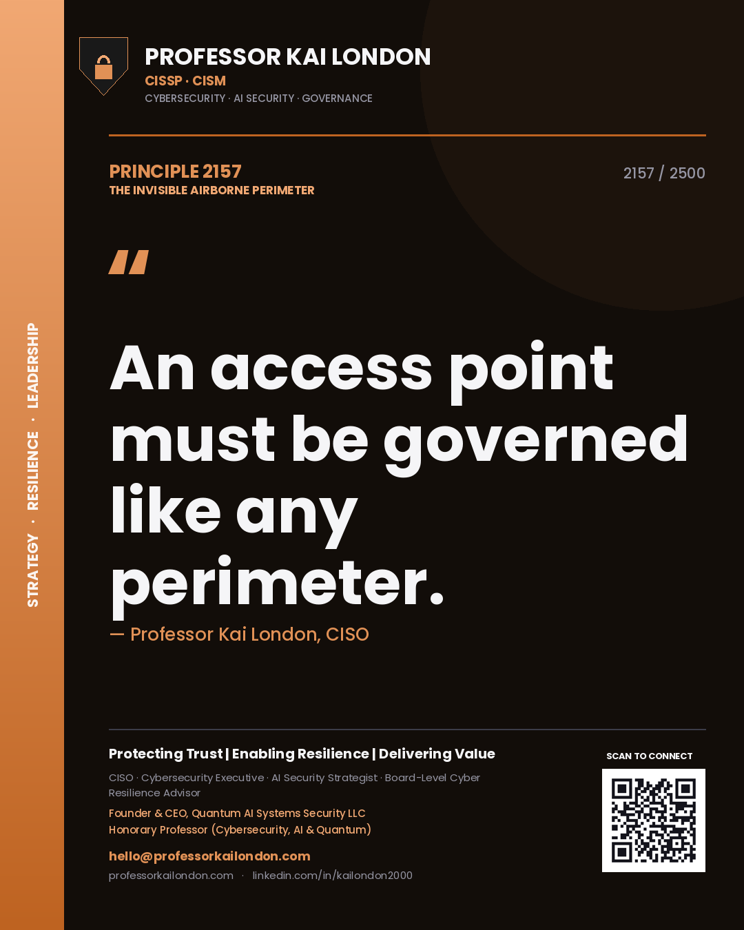 Quote card by Professor Kai London reading 'An access point must be governed like any perimeter.'. From the book The Invisible Airborne Perimeter.