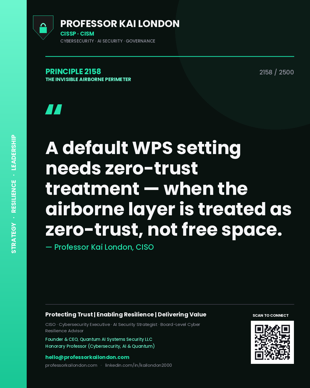 Quote card by Professor Kai London reading 'A default WPS setting needs zero-trust treatment — when the airborne layer is treated as zero-trust, not free space.'. From the book The Invisible Airborne Perimeter.