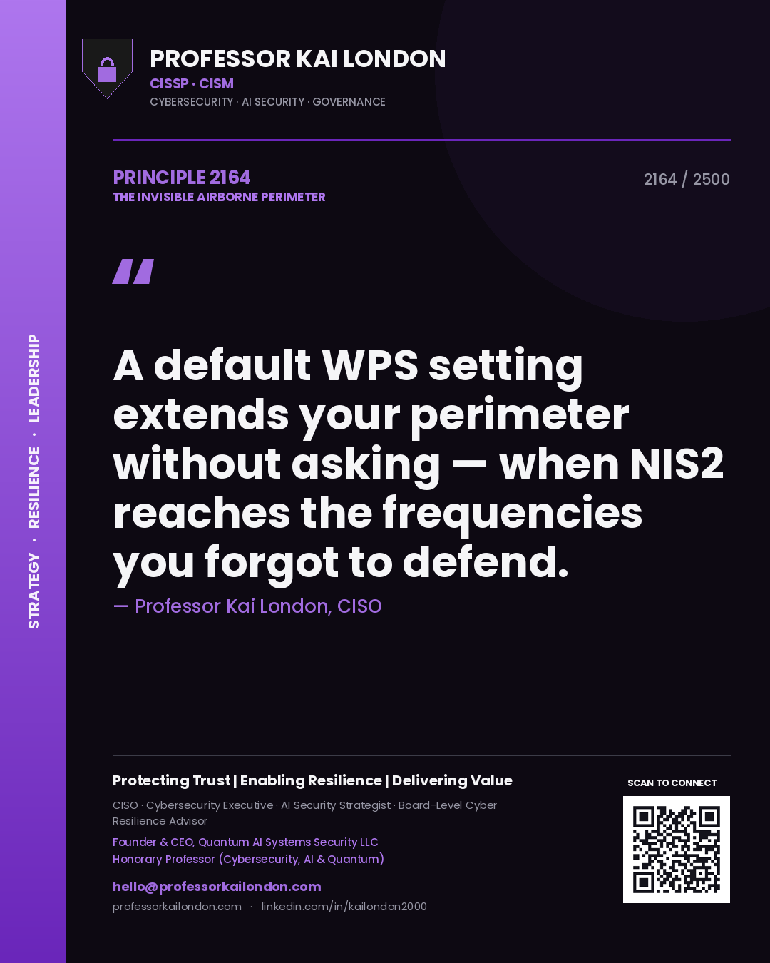 Quote card by Professor Kai London reading 'A default WPS setting extends your perimeter without asking — when NIS2 reaches the frequencies you forgot to defend.'. From the book The Invisible Airborne Perimeter.