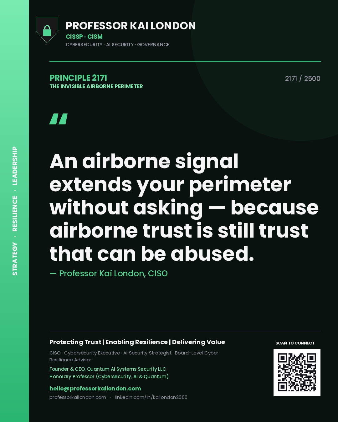 Professor Kai London principle 2171: An airborne signal extends your perimeter without asking — because airborne trust is still trust that can be abused.