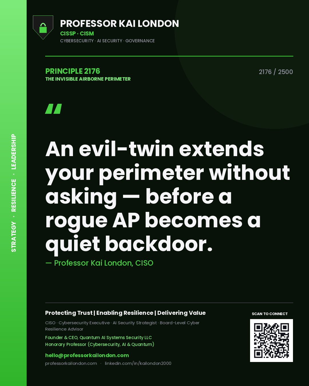 Professor Kai London principle 2176: An evil-twin extends your perimeter without asking — before a rogue AP becomes a quiet backdoor.