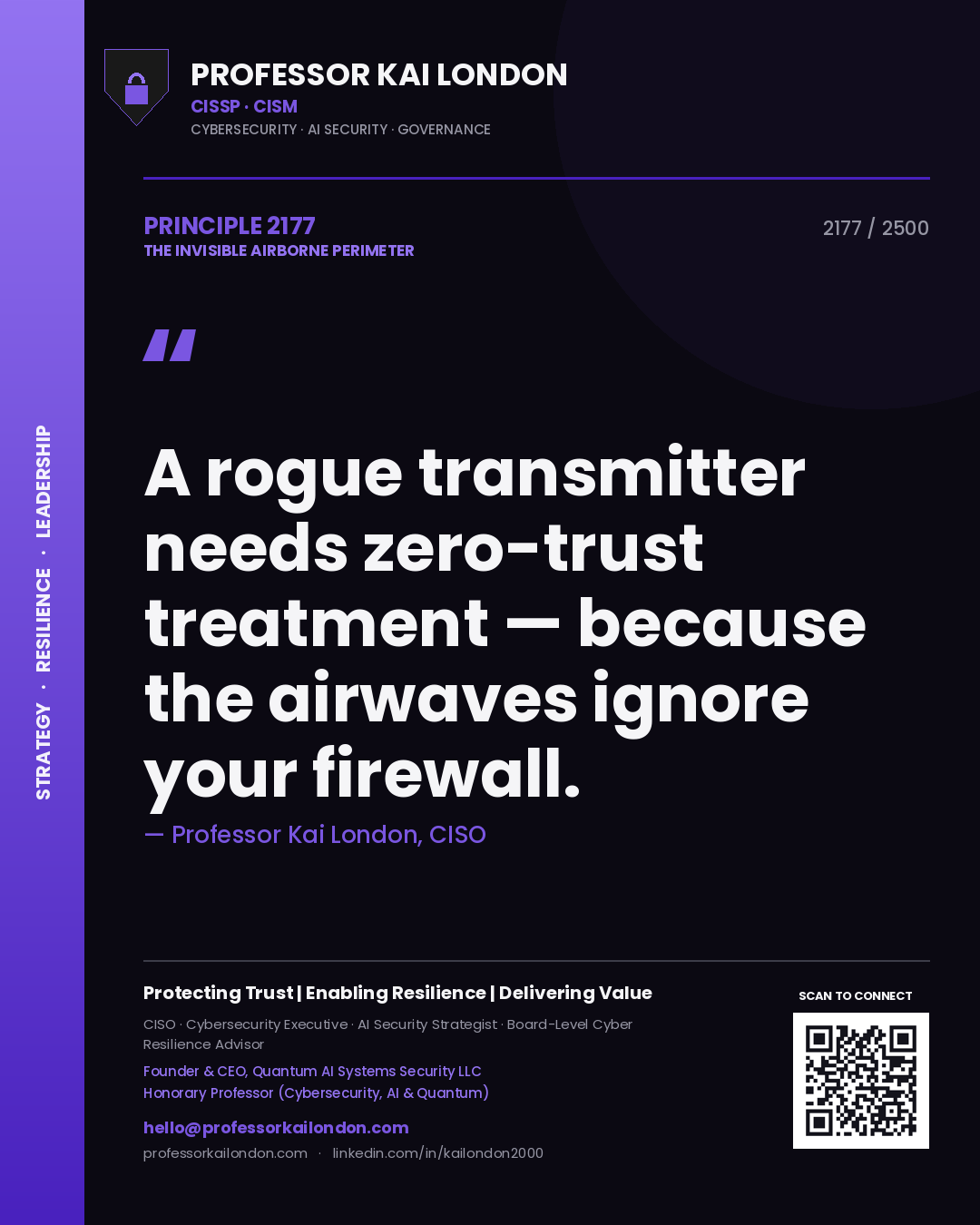 Quote card by Professor Kai London reading 'A rogue transmitter needs zero-trust treatment — because the airwaves ignore your firewall.'. From the book The Invisible Airborne Perimeter.
