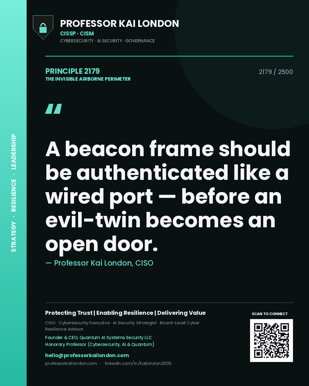 Professor Kai London principle 2179: A beacon frame should be authenticated like a wired port — before an evil-twin becomes an open door.