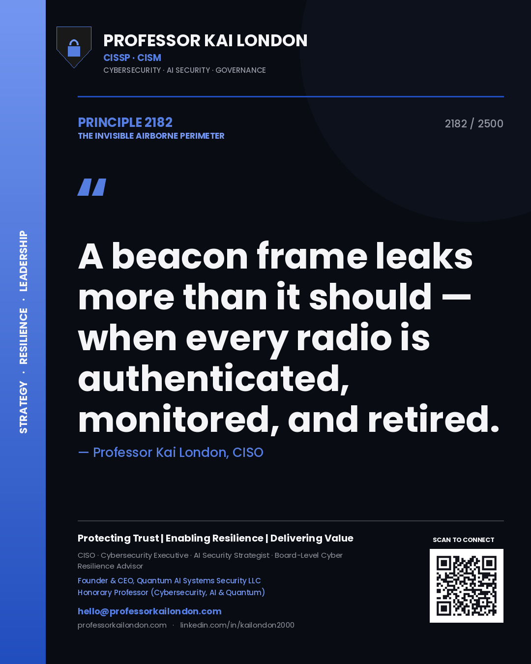 Professor Kai London principle 2182: A beacon frame leaks more than it should — when every radio is authenticated, monitored, and retired.