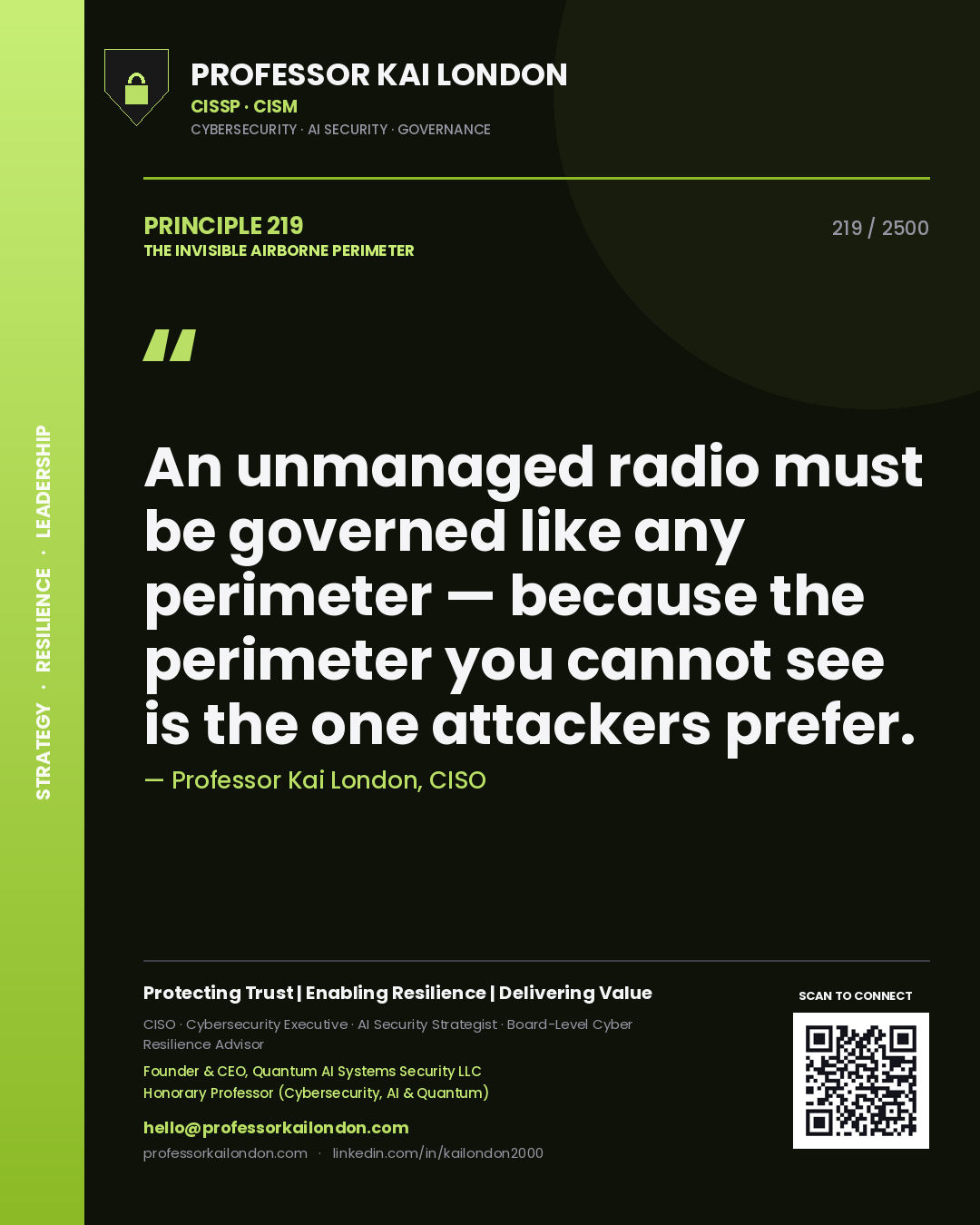 Quote card by Professor Kai London reading 'An unmanaged radio must be governed like any perimeter — because the perimeter you cannot see is the one attackers prefer.'. From the book The Invisible Airborne Perimeter.