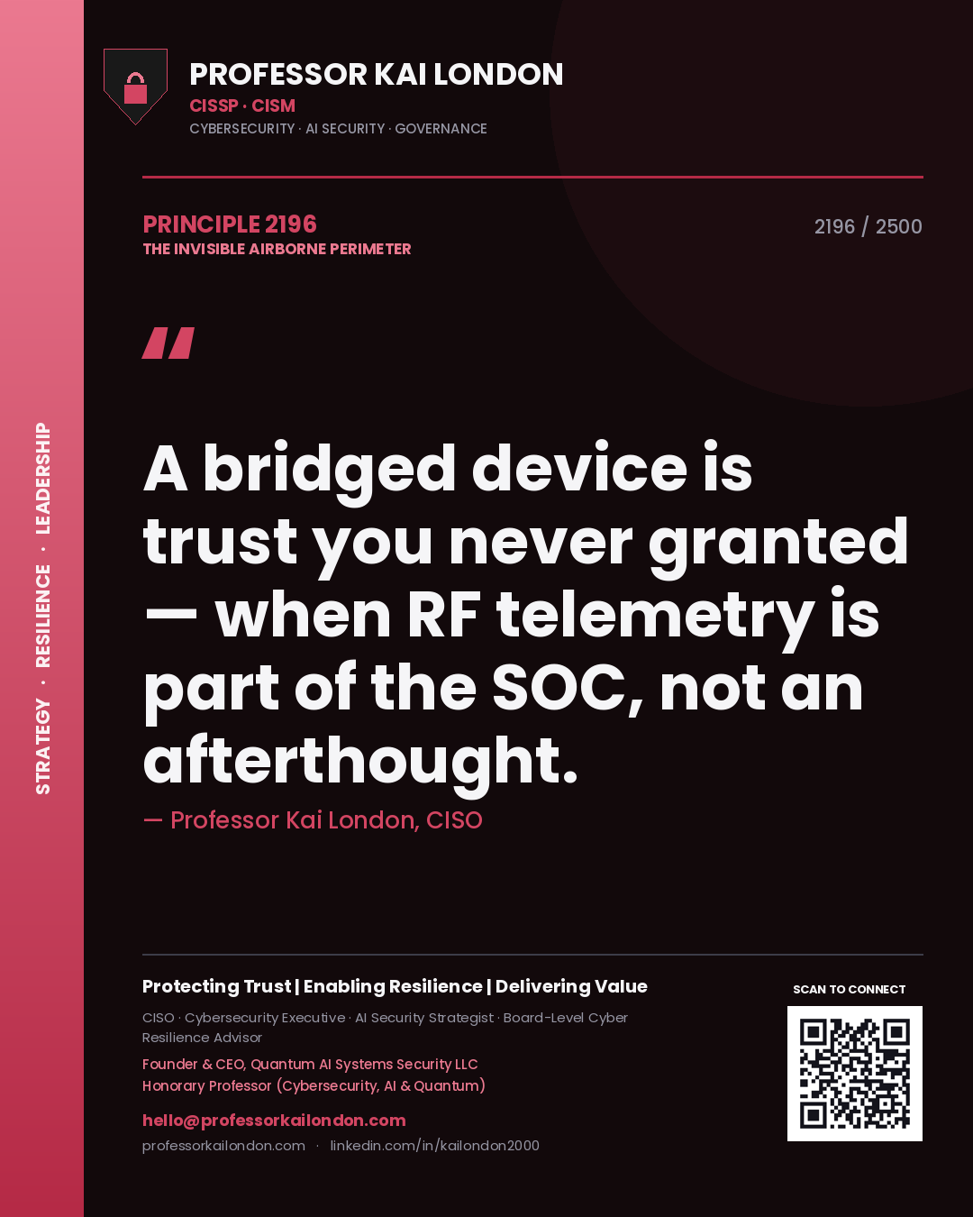 Quote card by Professor Kai London reading 'A bridged device is trust you never granted — when RF telemetry is part of the SOC, not an afterthought.'. From the book The Invisible Airborne Perimeter.