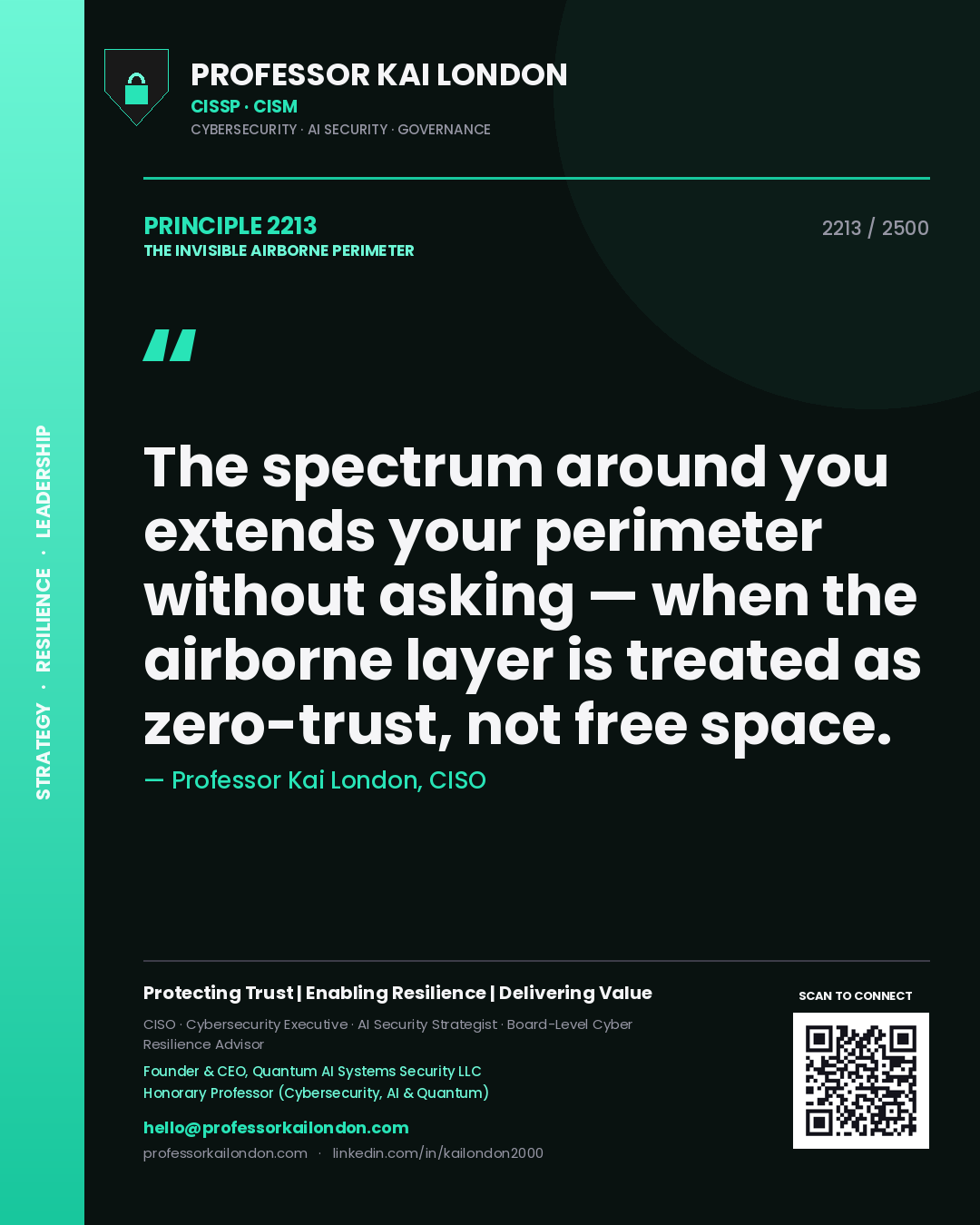 Quote card by Professor Kai London reading 'The spectrum around you extends your perimeter without asking — when the airborne layer is treated as zero-trust, not free space.'. From the book The Invisible Airborne Perimeter.