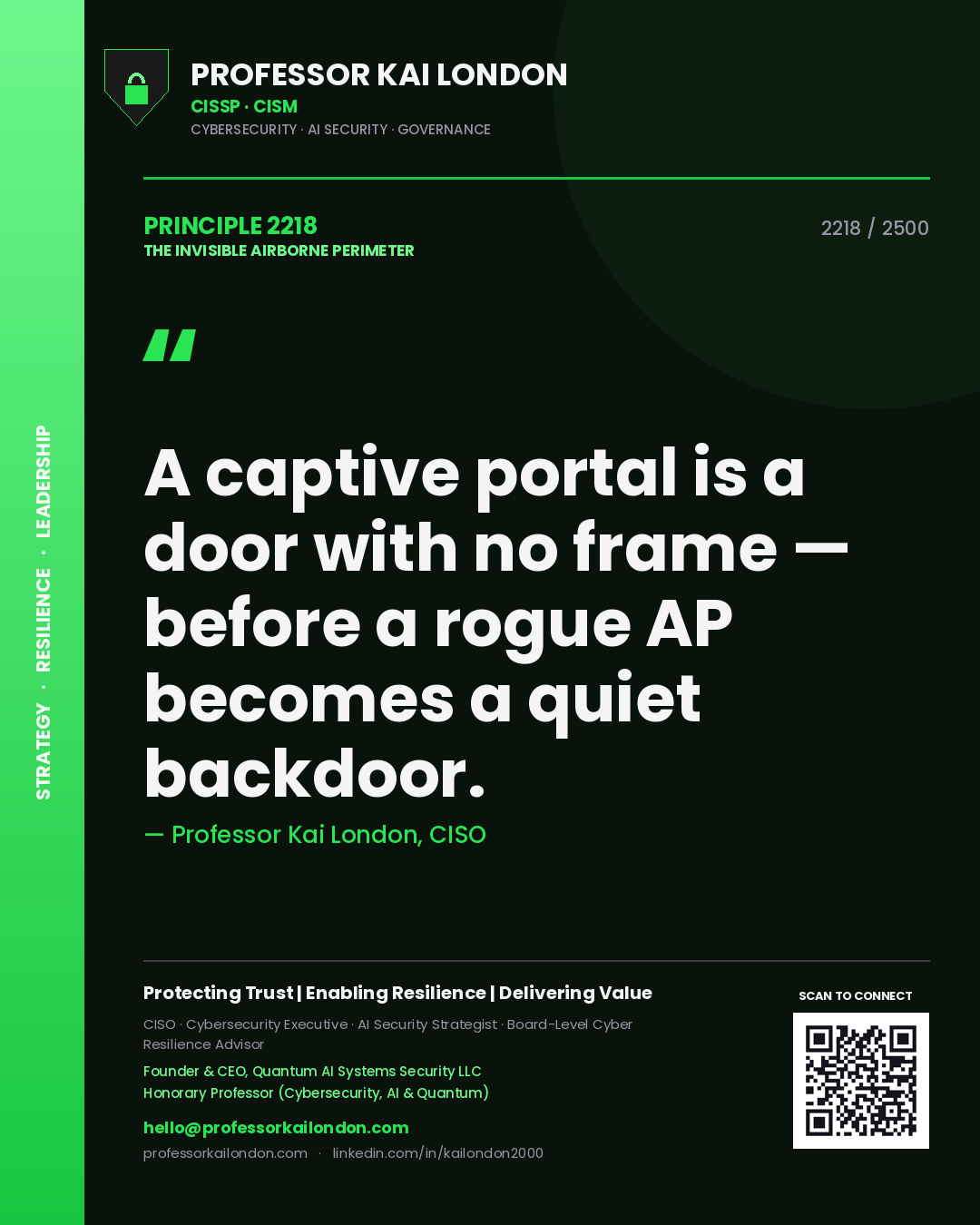 Professor Kai London principle 2218: A captive portal is a door with no frame — before a rogue AP becomes a quiet backdoor.