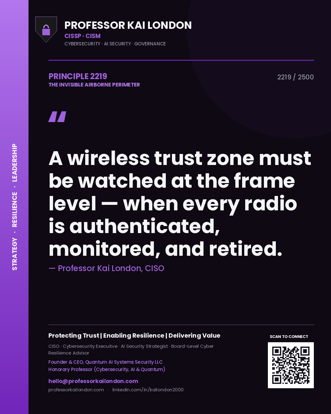 Professor Kai London principle 2219: A wireless trust zone must be watched at the frame level — when every radio is authenticated, monitored, and retired.