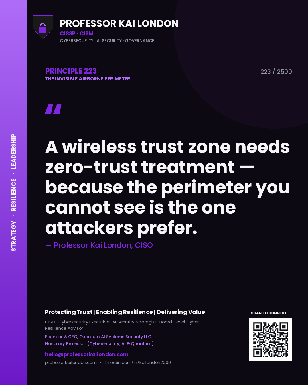 Professor Kai London principle 223: A wireless trust zone needs zero-trust treatment — because the perimeter you cannot see is the one attackers prefer.