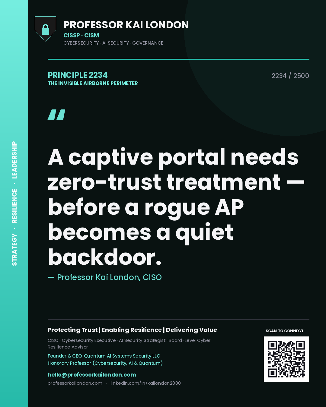 Quote card by Professor Kai London reading 'A captive portal needs zero-trust treatment — before a rogue AP becomes a quiet backdoor.'. From the book The Invisible Airborne Perimeter.