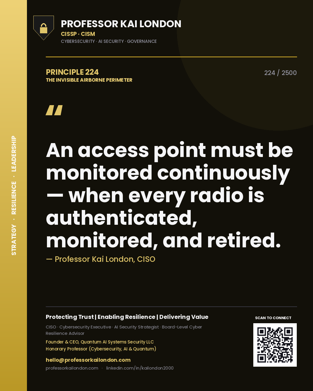 Professor Kai London principle 224: An access point must be monitored continuously — when every radio is authenticated, monitored, and retired.