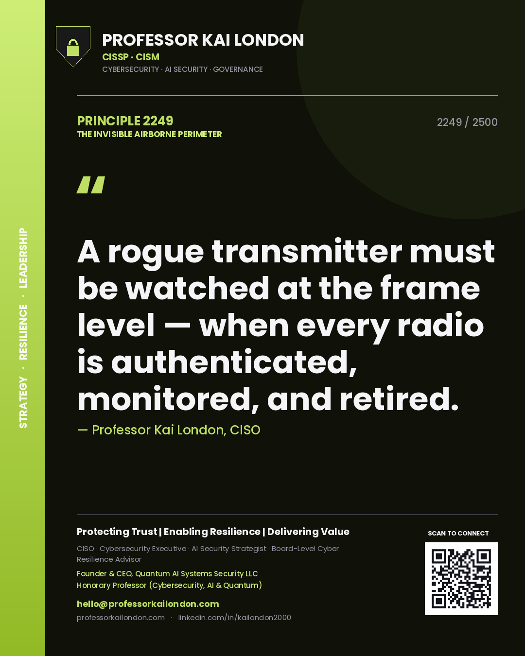 Professor Kai London principle 2249: A rogue transmitter must be watched at the frame level — when every radio is authenticated, monitored, and retired.