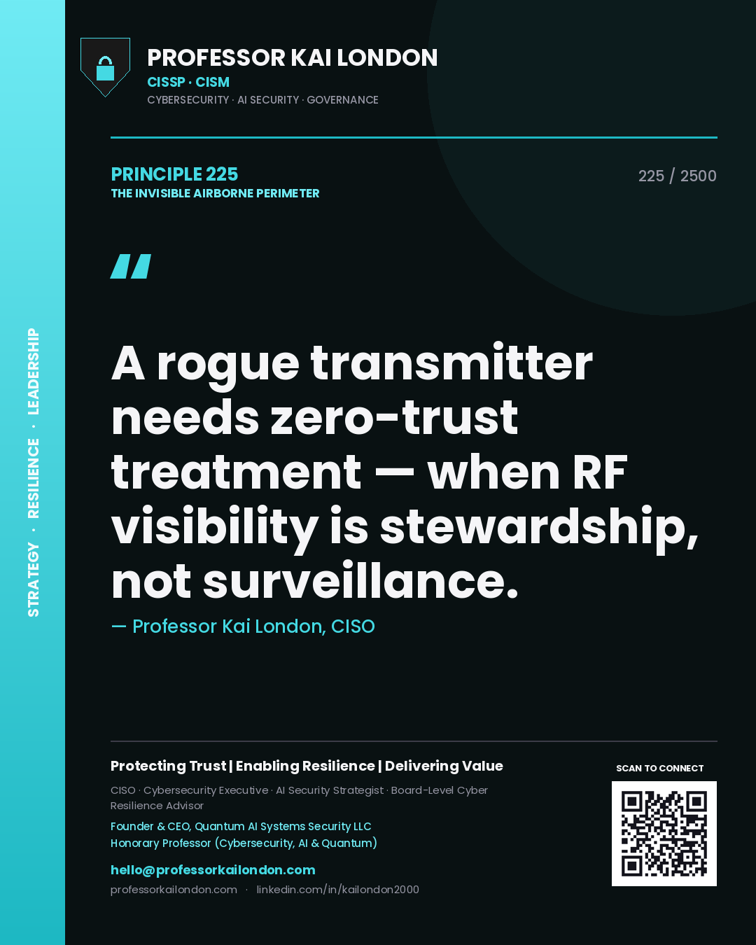 Professor Kai London principle 225: A rogue transmitter needs zero-trust treatment — when RF visibility is stewardship, not surveillance.