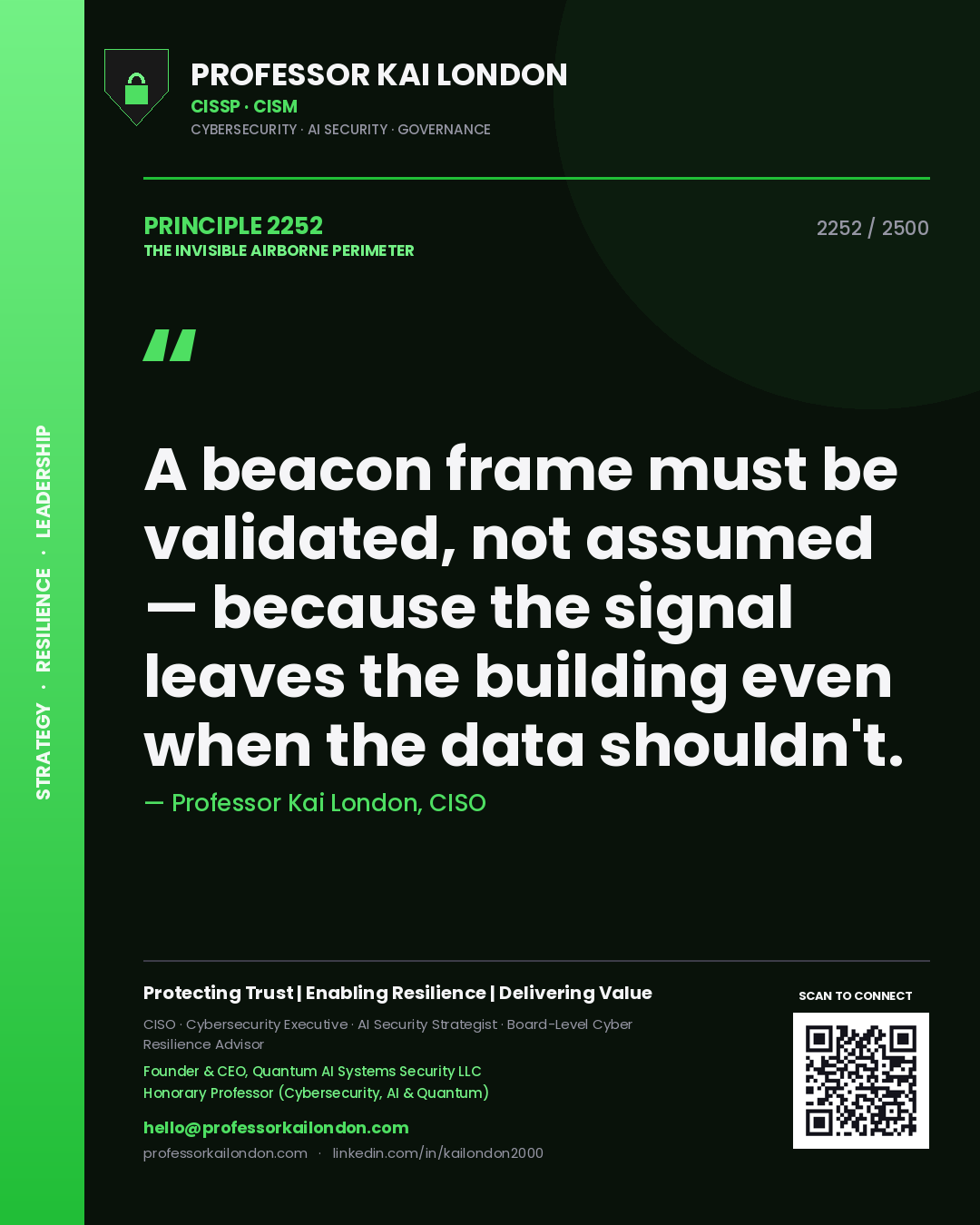 Quote card by Professor Kai London reading 'A beacon frame must be validated, not assumed — because the signal leaves the building even when the data shouldn't.'. From the book The Invisible Airborne Perimeter.