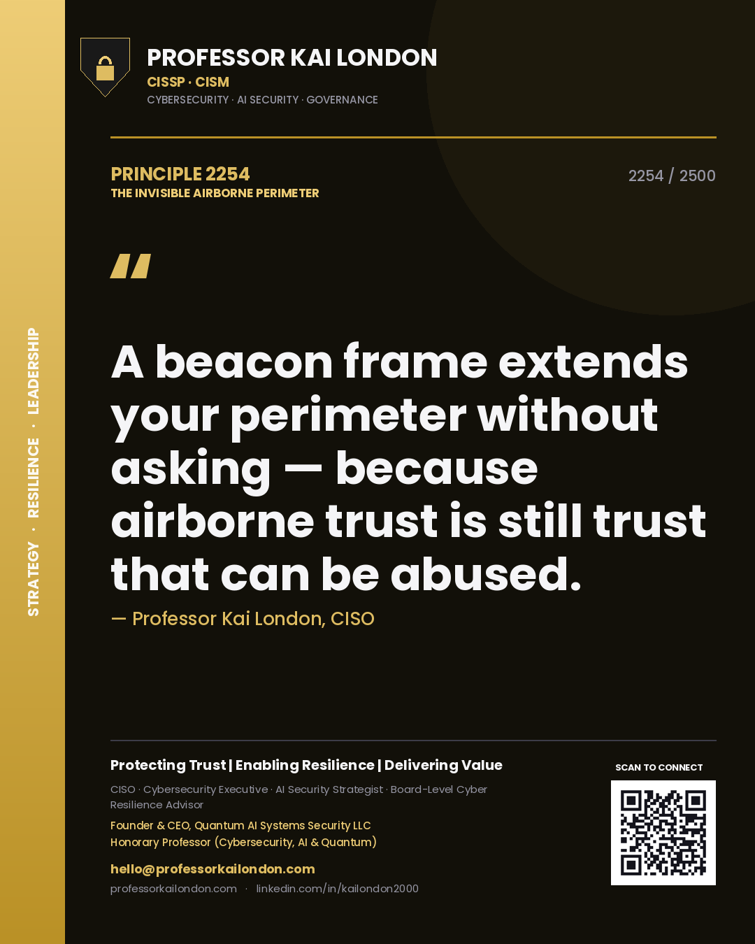 Professor Kai London principle 2254: A beacon frame extends your perimeter without asking — because airborne trust is still trust that can be abused.