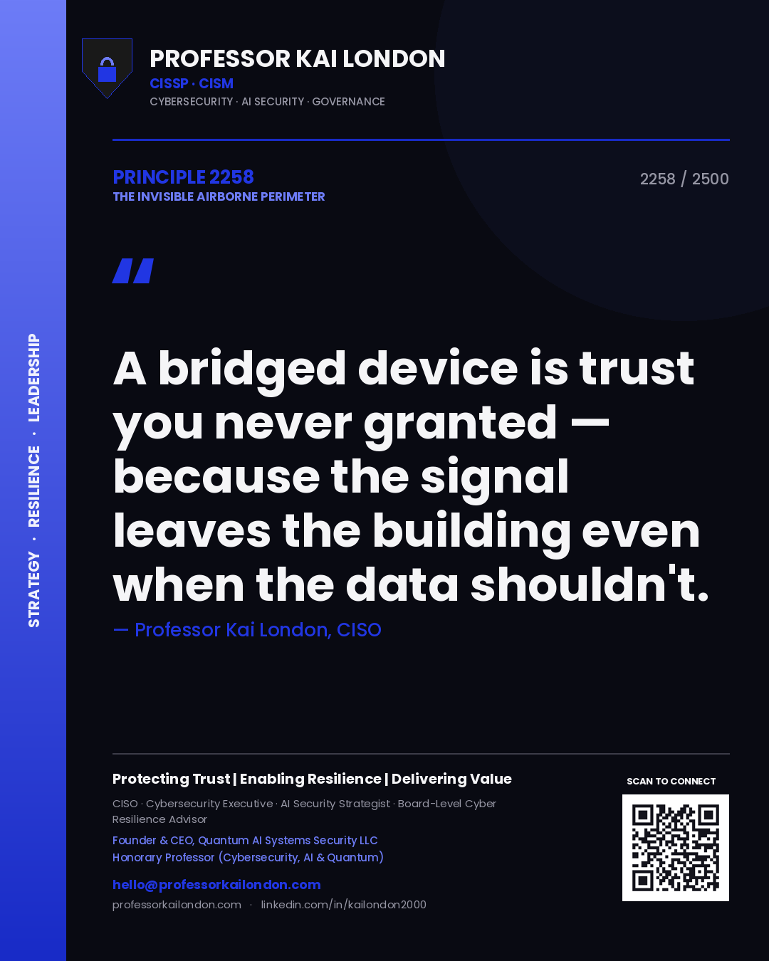 Quote card by Professor Kai London reading 'A bridged device is trust you never granted — because the signal leaves the building even when the data shouldn't.'. From the book The Invisible Airborne Perimeter.