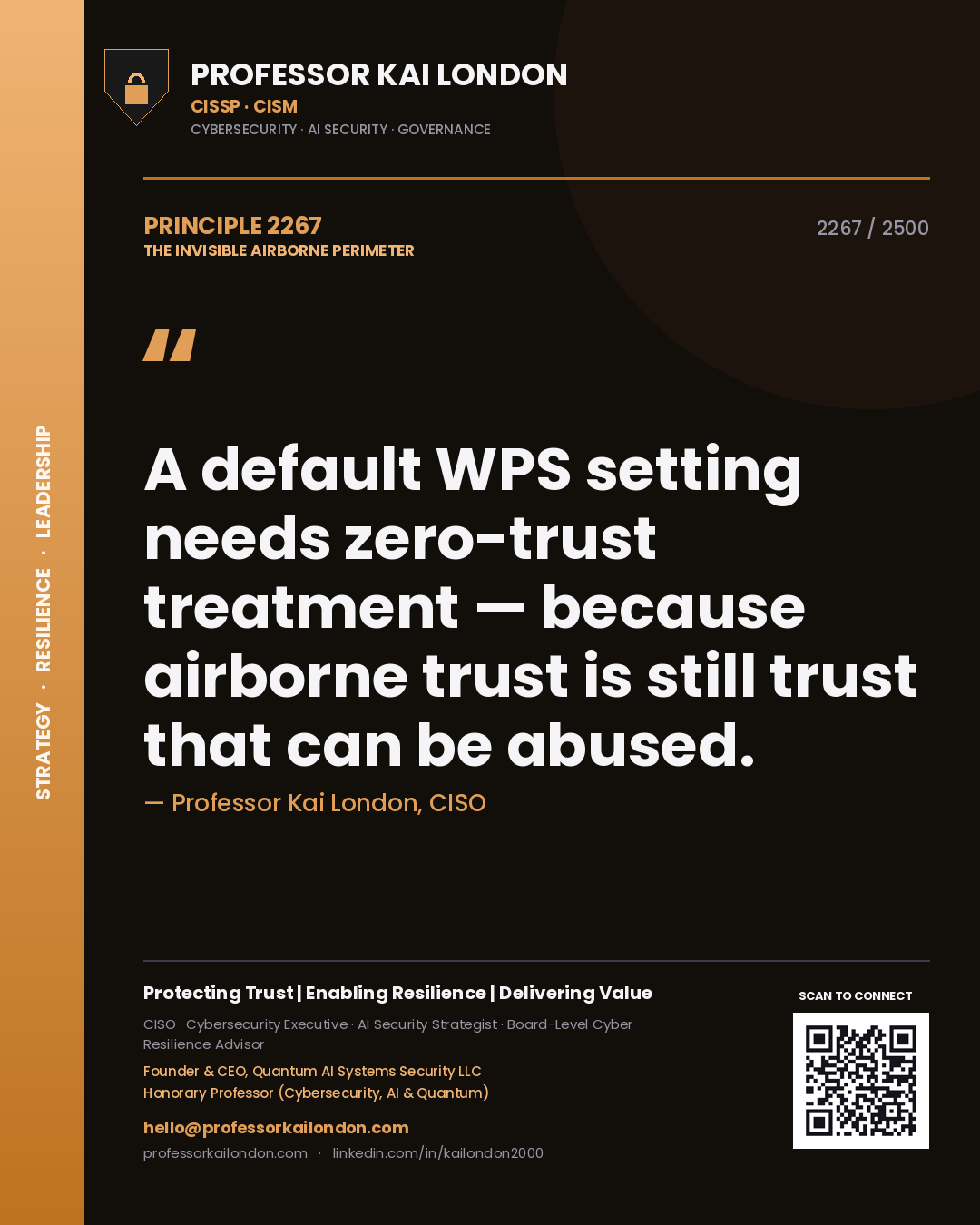 Quote card by Professor Kai London reading 'A default WPS setting needs zero-trust treatment — because airborne trust is still trust that can be abused.'. From the book The Invisible Airborne Perimeter.