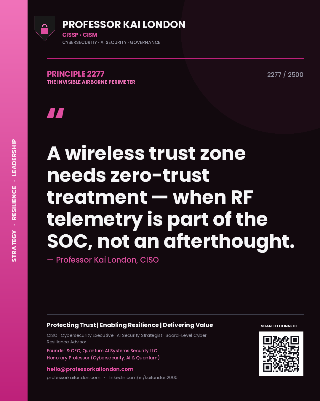 Professor Kai London principle 2277: A wireless trust zone needs zero-trust treatment — when RF telemetry is part of the SOC, not an afterthought.