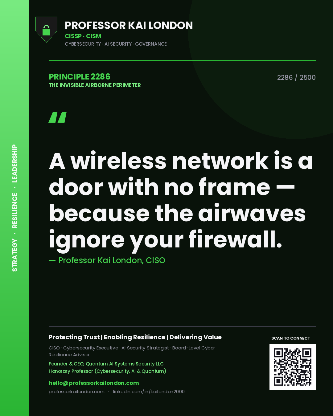 Professor Kai London principle 2286: A wireless network is a door with no frame — because the airwaves ignore your firewall.