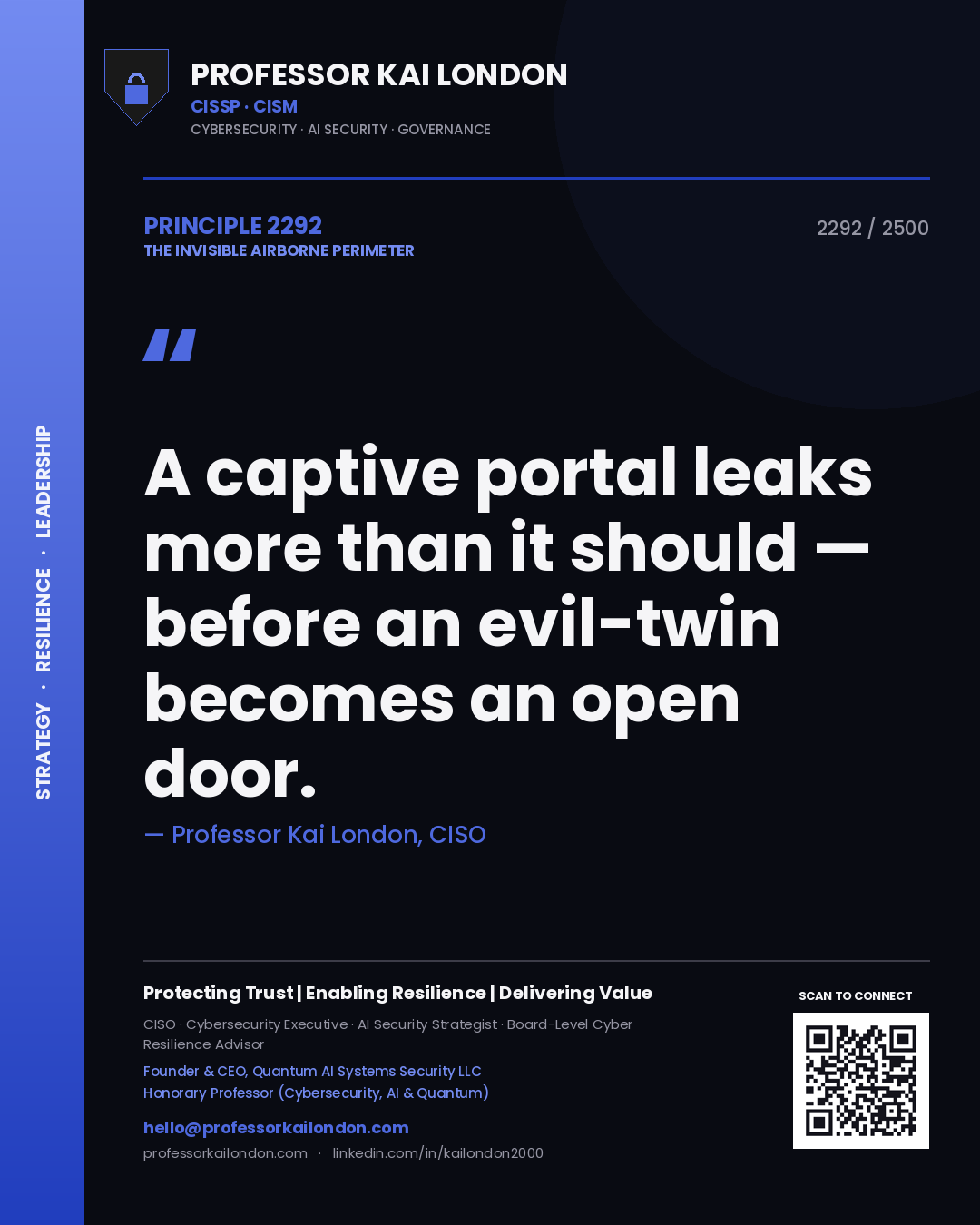 Quote card by Professor Kai London reading 'A captive portal leaks more than it should — before an evil-twin becomes an open door.'. From the book The Invisible Airborne Perimeter.