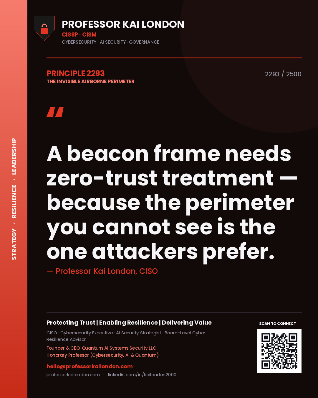 Professor Kai London principle 2293: A beacon frame needs zero-trust treatment — because the perimeter you cannot see is the one attackers prefer.