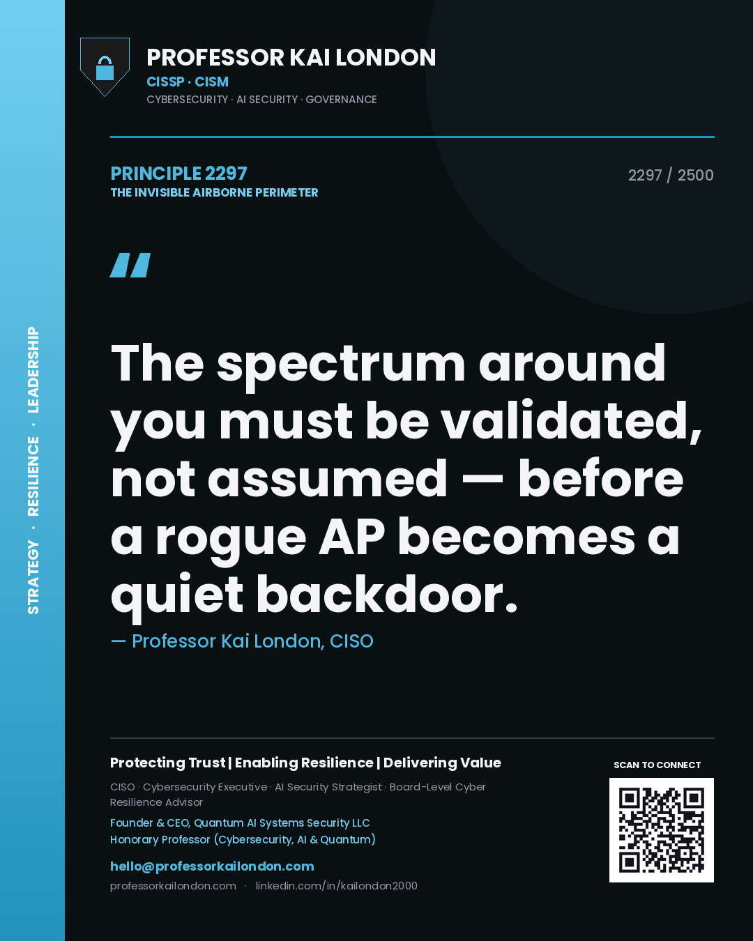 Quote card by Professor Kai London reading 'The spectrum around you must be validated, not assumed — before a rogue AP becomes a quiet backdoor.'. From the book The Invisible Airborne Perimeter.