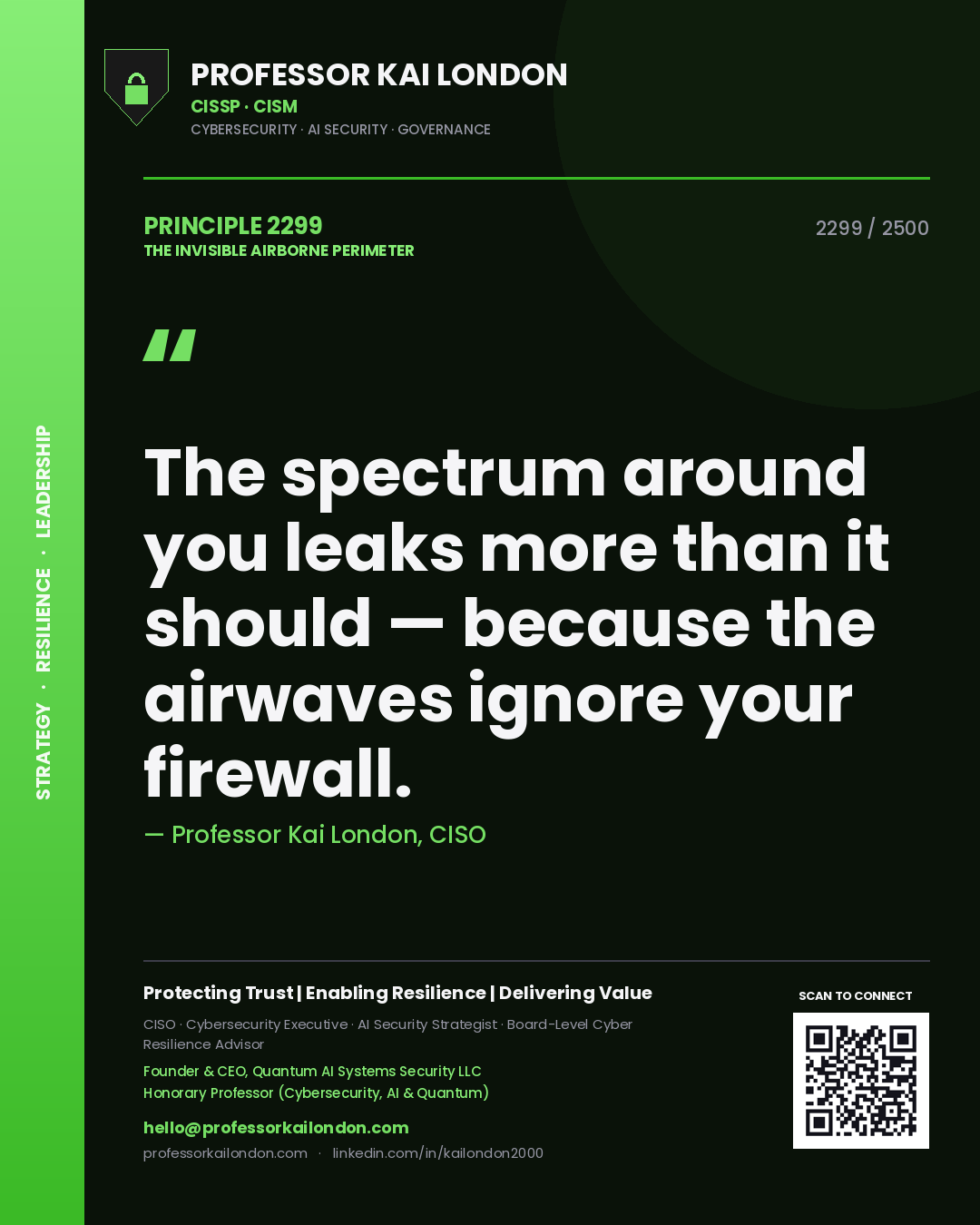 Quote card by Professor Kai London reading 'The spectrum around you leaks more than it should — because the airwaves ignore your firewall.'. From the book The Invisible Airborne Perimeter.